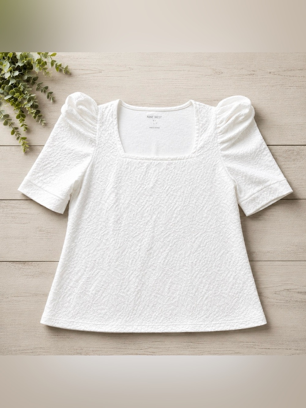 🤍 Nine West Textured Puff Sleeve Square Neck Top White Size Large
